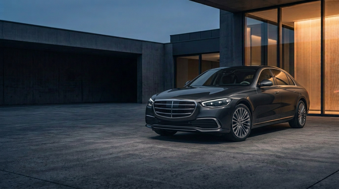 Graphitfarbene Limousine vor moderner Architektur